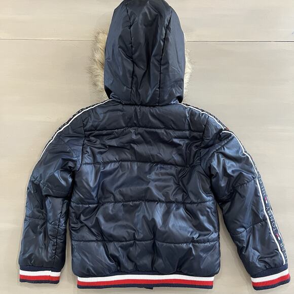 Tommy Hilfiger Unisex Kids Puffer Coat Jacket Hood Faux Fur Heart Logo 6X Blue - Picture 3 of 11
